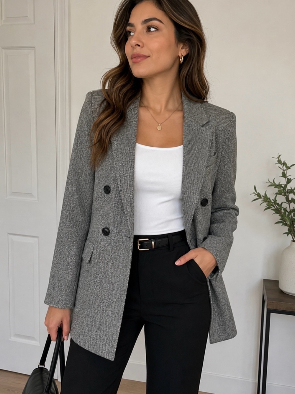 H&M Gray Herringbone Double Breasted Blazer Women’s Size Small S Tailored Jacket
